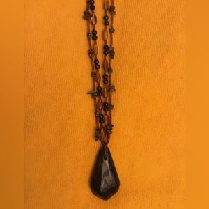 Vintage Amber Lucite & Glass Beaded Double Row Large Teardrop Pendant Necklace
